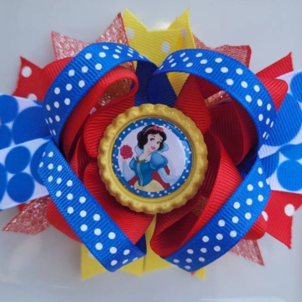 Snow White Disney Princess Red Yellow Blue Bottle Cap Hair Bow 5"